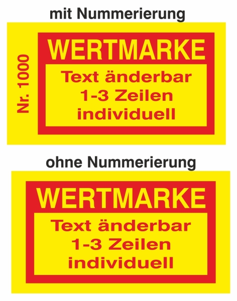 1000 Wertmarken "RED on YELLOW - FULL COLOUR" roter Druck auf gelben Karton - 3 Zeilen, bis 70 Zeichen